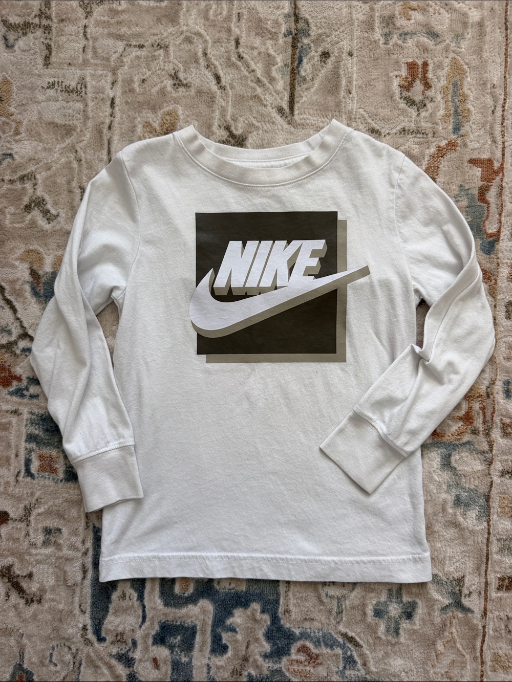 Nike White Long-Sleeve Tee with Black Logo Square size 6 kids
